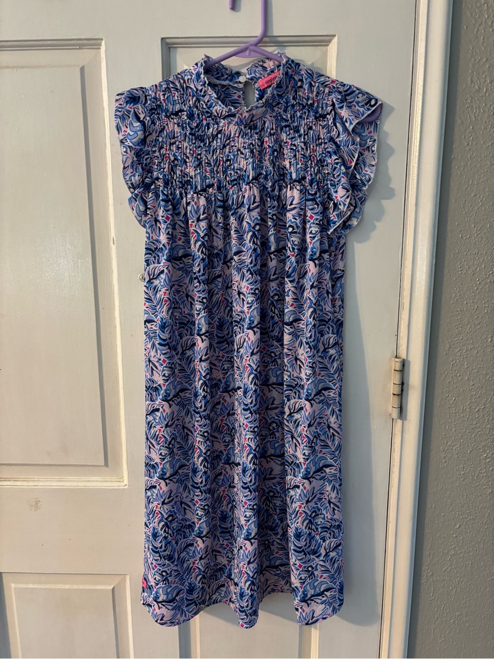 Simply Southern Blue Floral Smocked Casual Dress with Pink Accents